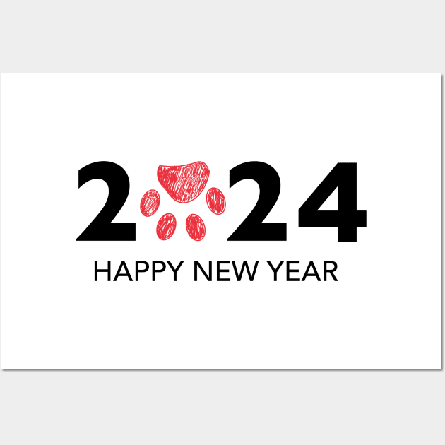 2024 text with doodle red paw print 2024 Red Paw Print Posters and